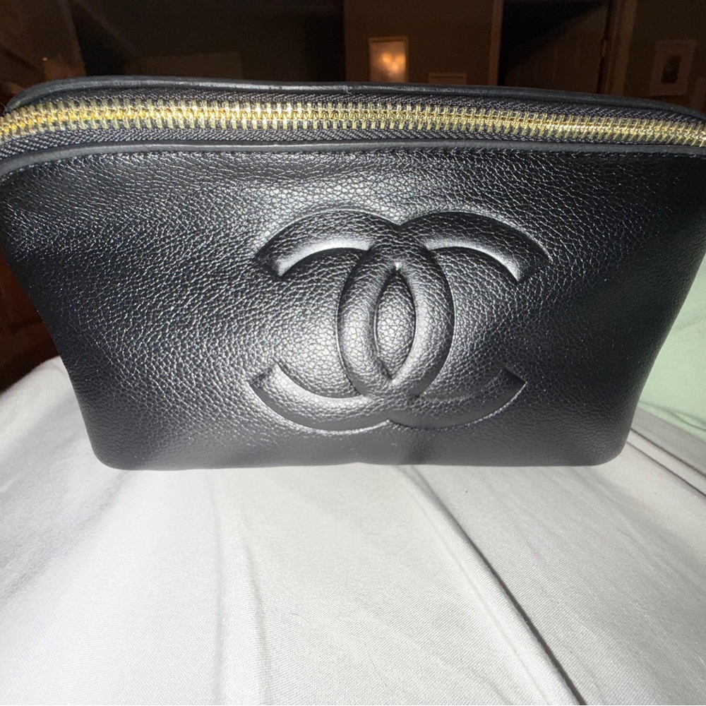 CC Cosmetic Case Black Leather Pouch with Gold Zipper